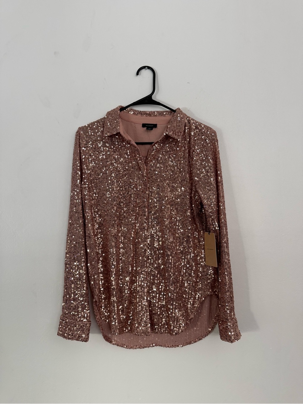 Halogen Rose Gold Sequin Button-Down Blouse